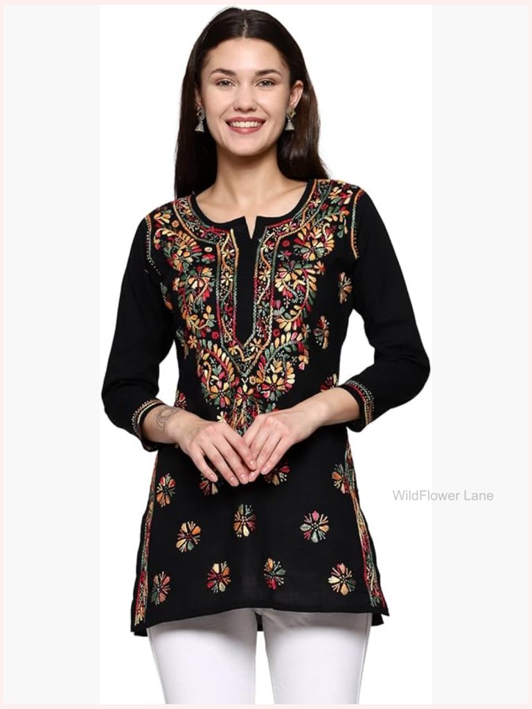 Hand Embroidered Indian Cotton Tunic Short Kurti For Women